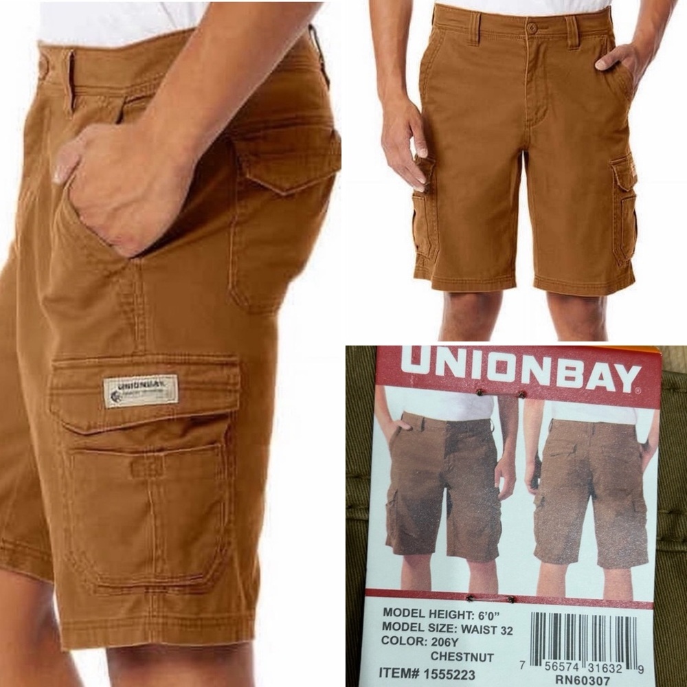 NEW UNIONBAY Mens Midweight Flex Waist Cargo Shorts Chestnut, 42 NWT